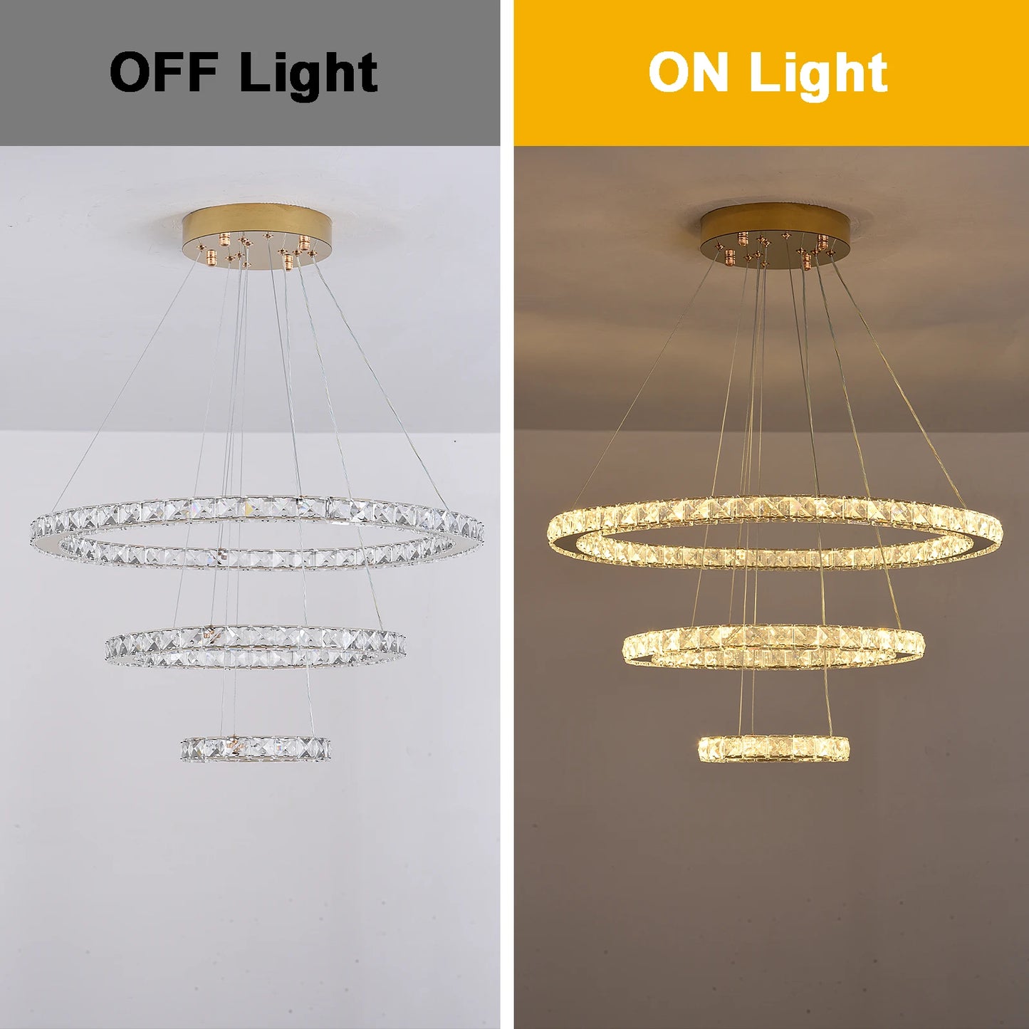 Crystal Ceiling Chandelier, 3-Rings Hanging with LED-Lighting