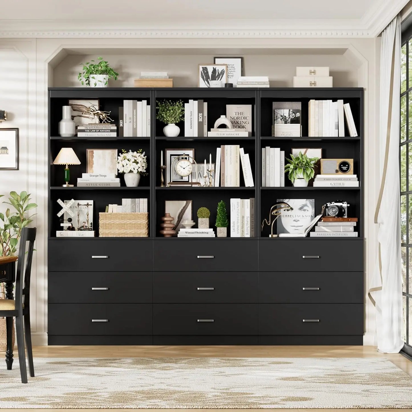71" Tall Black Bookshelf with Drawers and 3-Tier Open Shelves