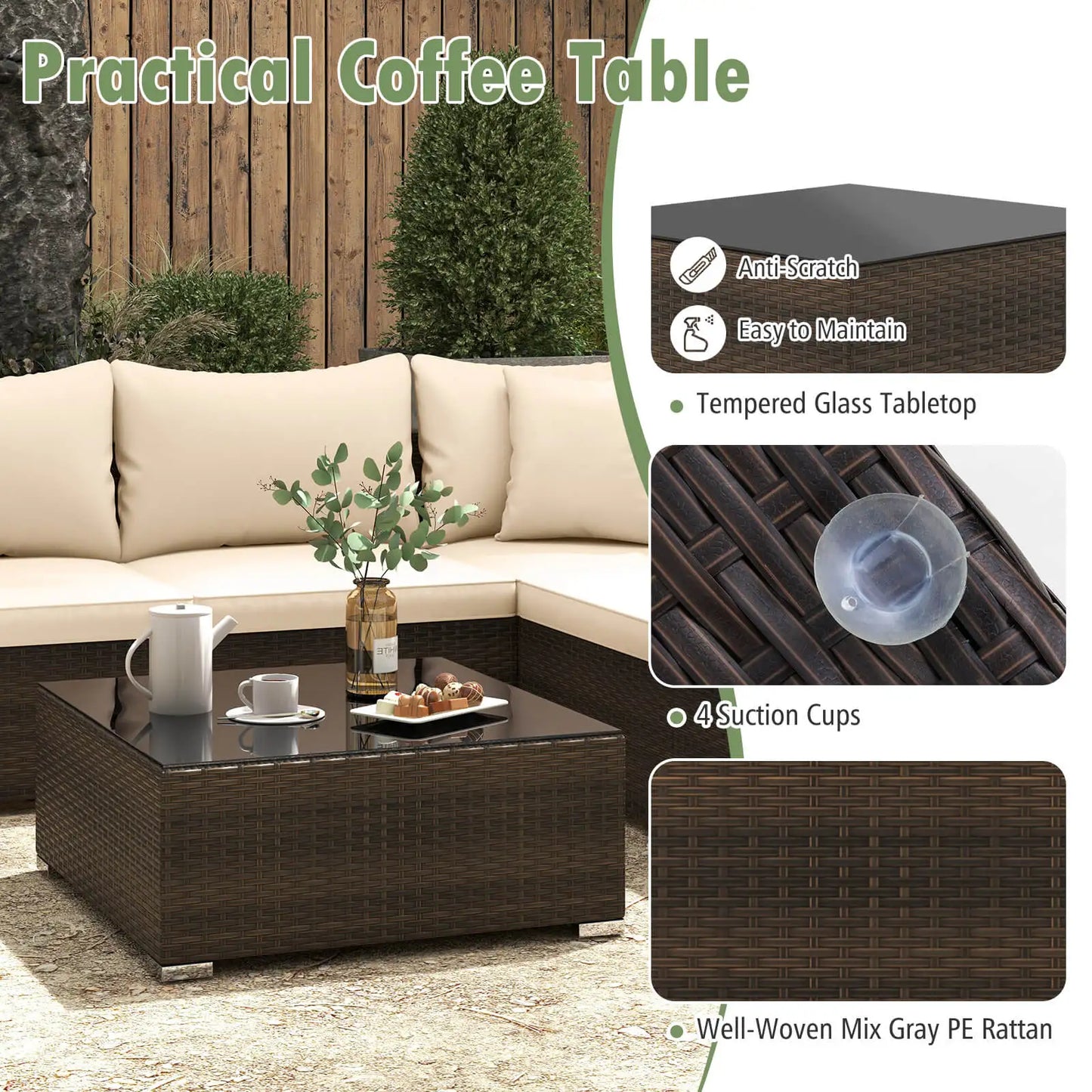 Patio Rattan Furniture Set, Sectional Sofa, Cushioned, Garden Brown
