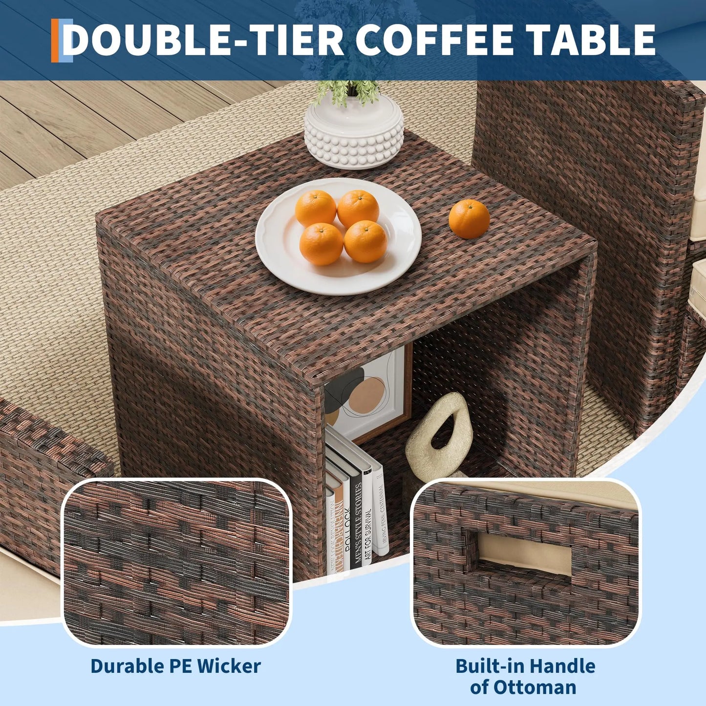 Patio Set, 2 Rattan Chairs With 2 Ottomans & Table