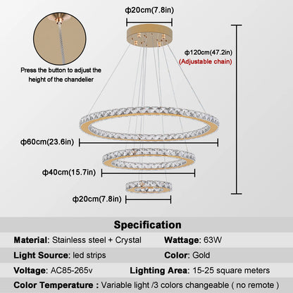Crystal Ceiling Chandelier, 3-Rings Hanging with LED-Lighting