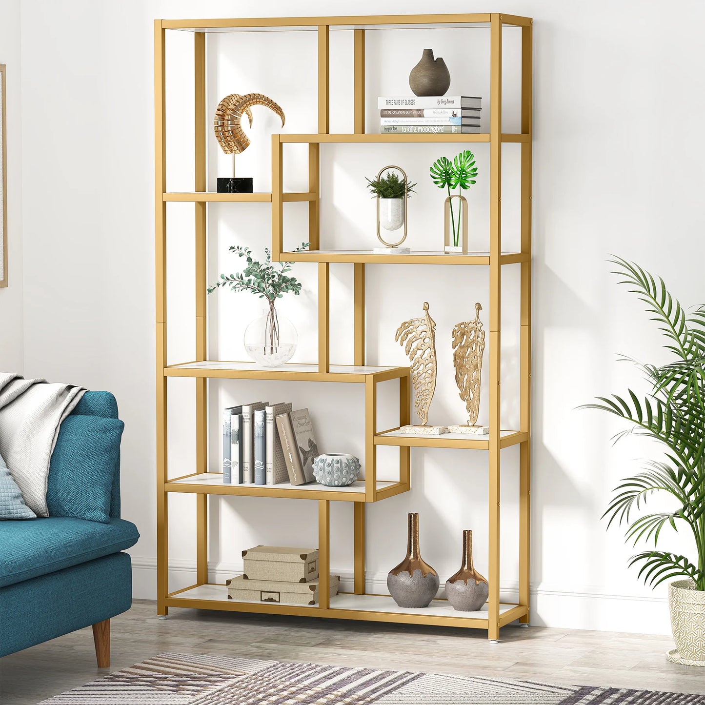 Bookcase, Gold 8-Shelf with Faux Marble