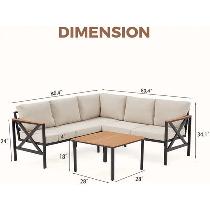 Patio Furniture Set, Metal,  L-Shape Sectional, with fauxwood Coffee Table