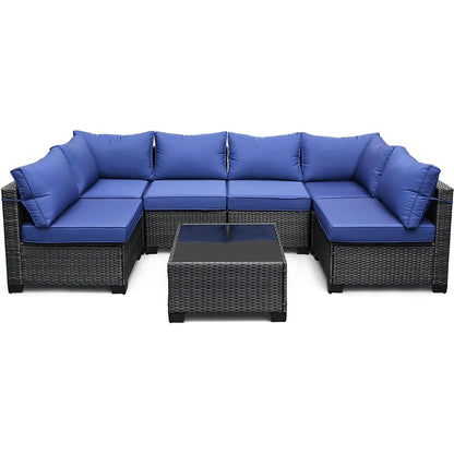 Patio Set, 7-Piece Rattan Sectional Sofa & Coffee Table