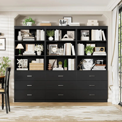71" Tall Black Bookshelf with Drawers and 3-Tier Open Shelves