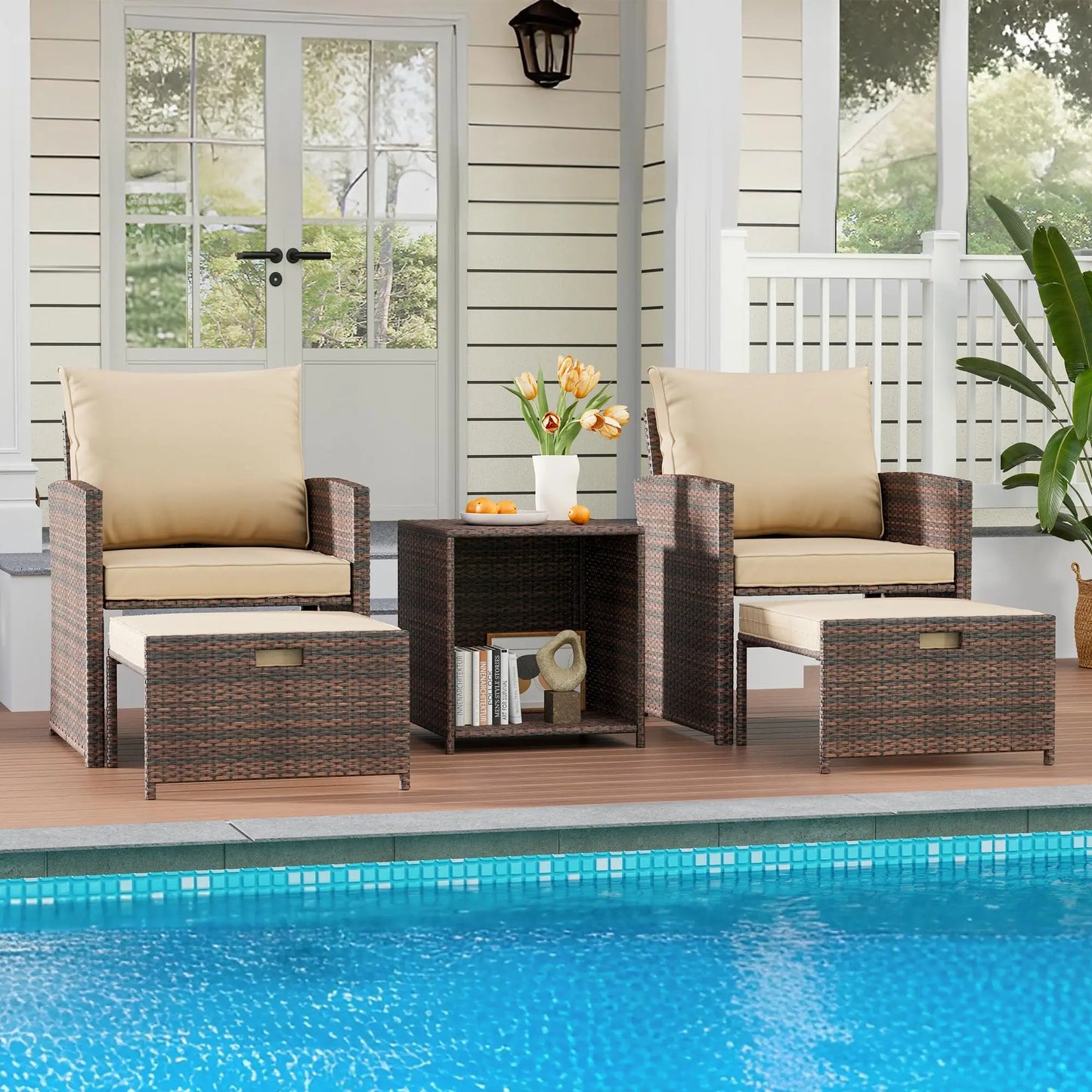Patio Set, 2 Rattan Chairs With 2 Ottomans & Table