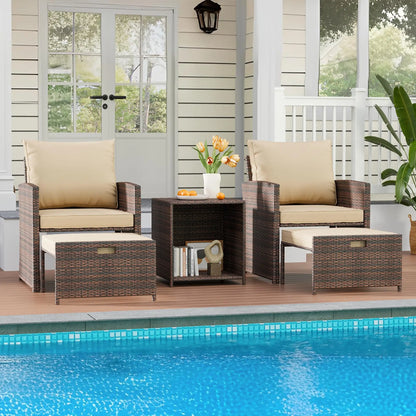 Patio Set, 2 Rattan Chairs With 2 Ottomans & Table