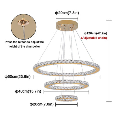 Crystal Ceiling Chandelier, 3-Rings Hanging with LED-Lighting