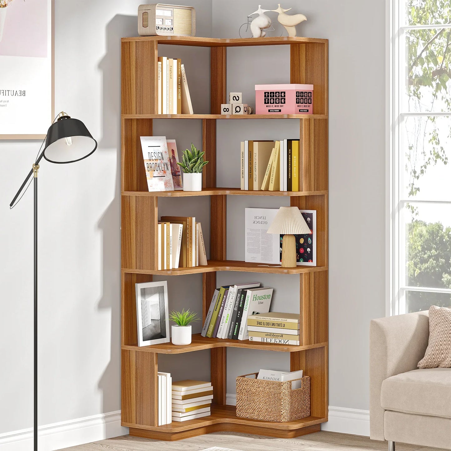 6-Tier Corner Bookshelf, 64.96" Tall, Wood-Grain