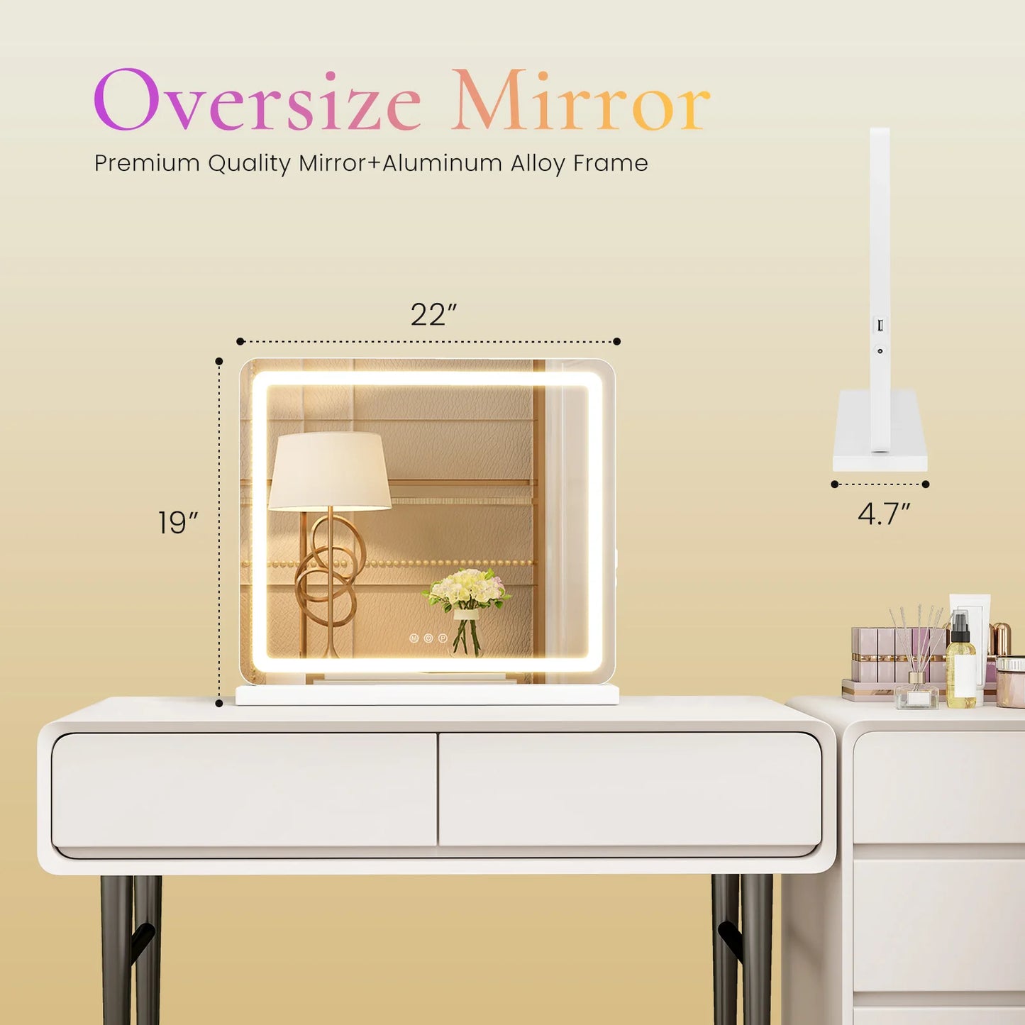 Mirror, Vanity with LED-Lights, Dimmable, 3-Color Modes