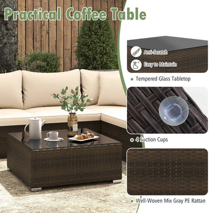 Patio Rattan Furniture Set, Sectional Sofa, Cushioned, Garden Brown