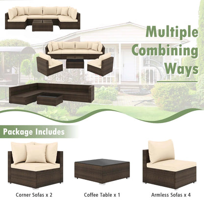 Patio Rattan Furniture Set, Sectional Sofa, Cushioned, Garden Brown