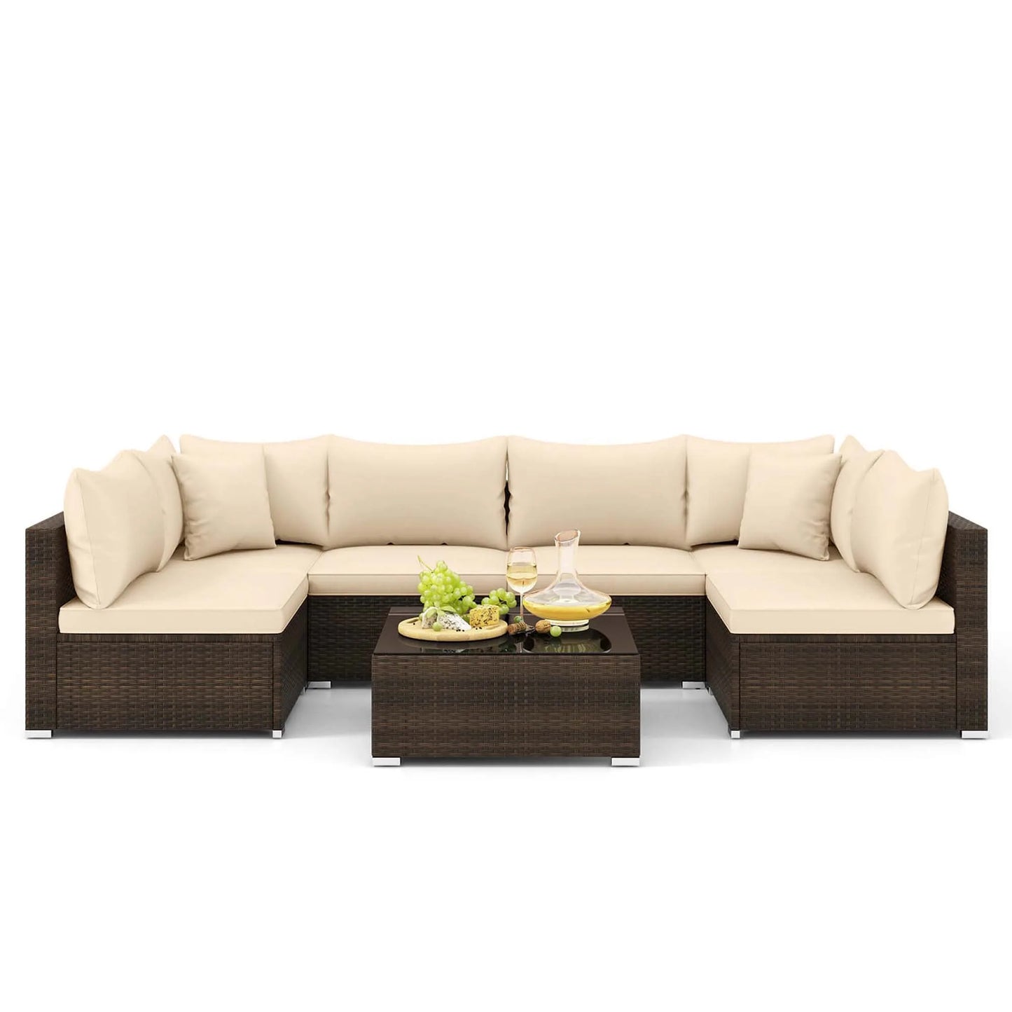 Patio Rattan Furniture Set, Sectional Sofa, Cushioned, Garden Brown