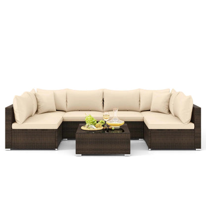 Patio Rattan Furniture Set, Sectional Sofa, Cushioned, Garden Brown