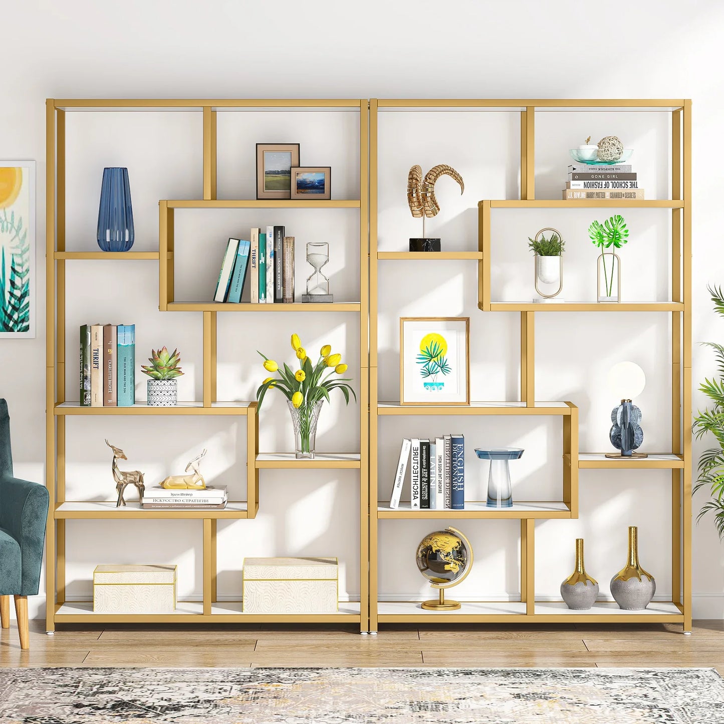 Bookcase, Gold 8-Shelf with Faux Marble