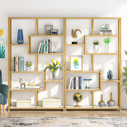 Bookcase, Gold 8-Shelf with Faux Marble