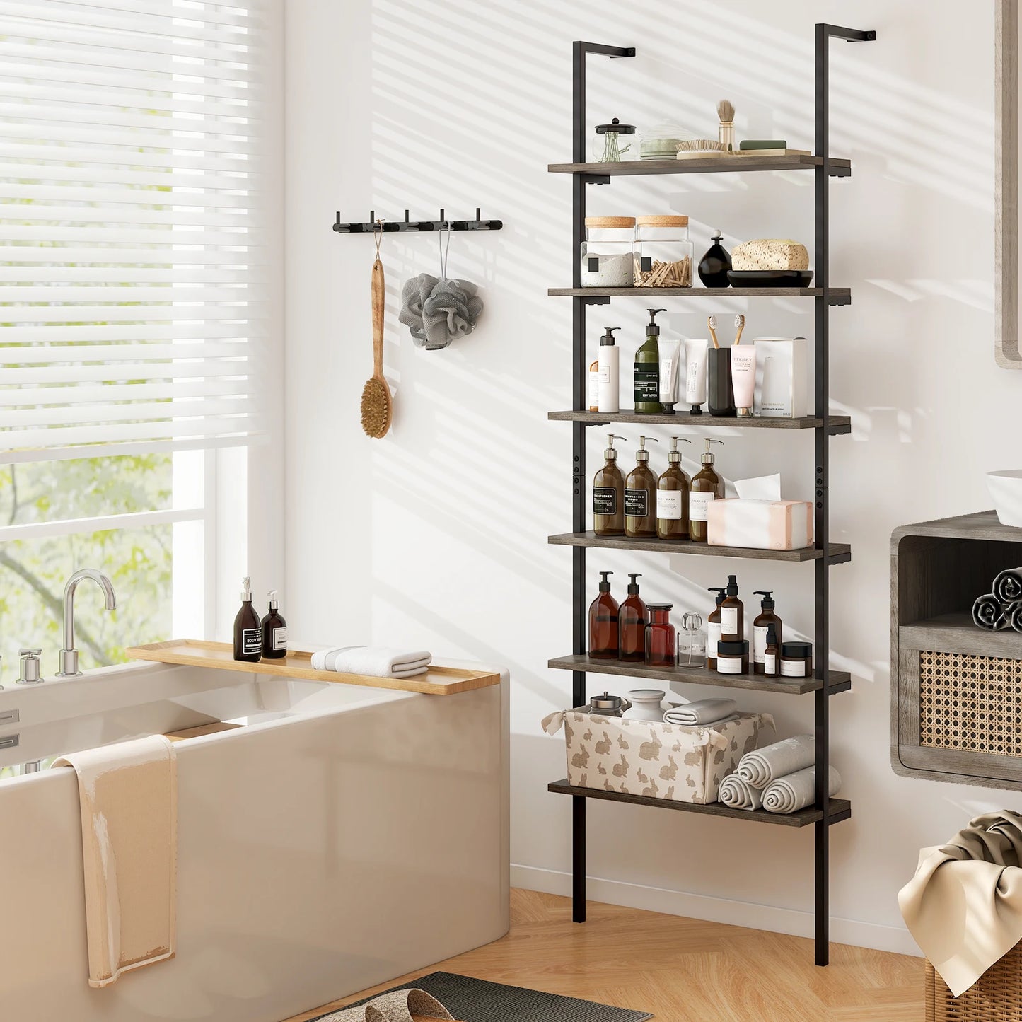 6-tier Ladder Shelf 72 Inches, Wall-Mounted Bookshelf , Oak and Brown