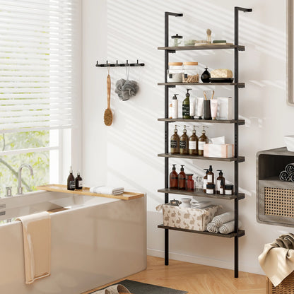 6-tier Ladder Shelf 72 Inches, Wall-Mounted Bookshelf , Oak and Brown