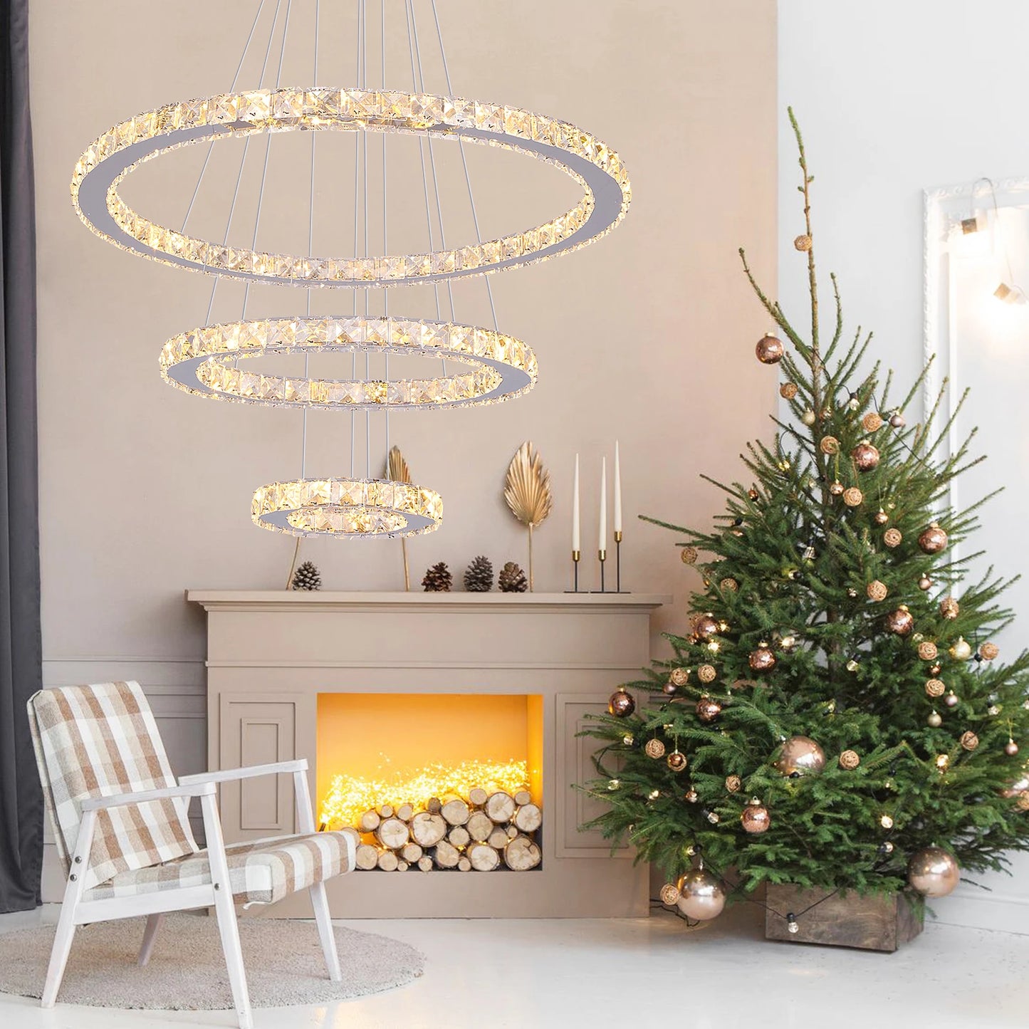 Crystal Ceiling Chandelier, 3-Rings Hanging with LED-Lighting