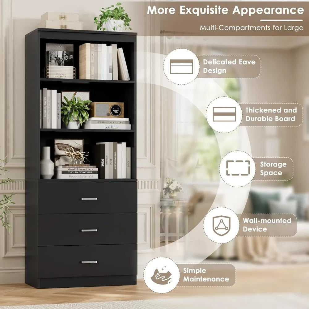 71" Tall Black Bookshelf with Drawers and 3-Tier Open Shelves