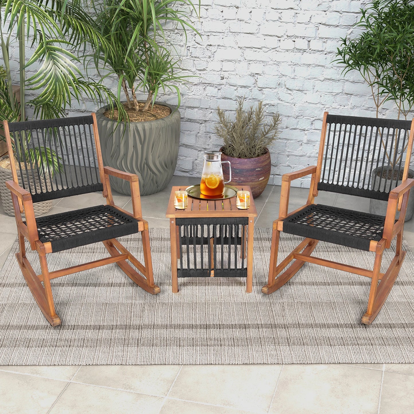Patio Set- 3-Pieces, Acacia Wood Table & Rocking Chairs