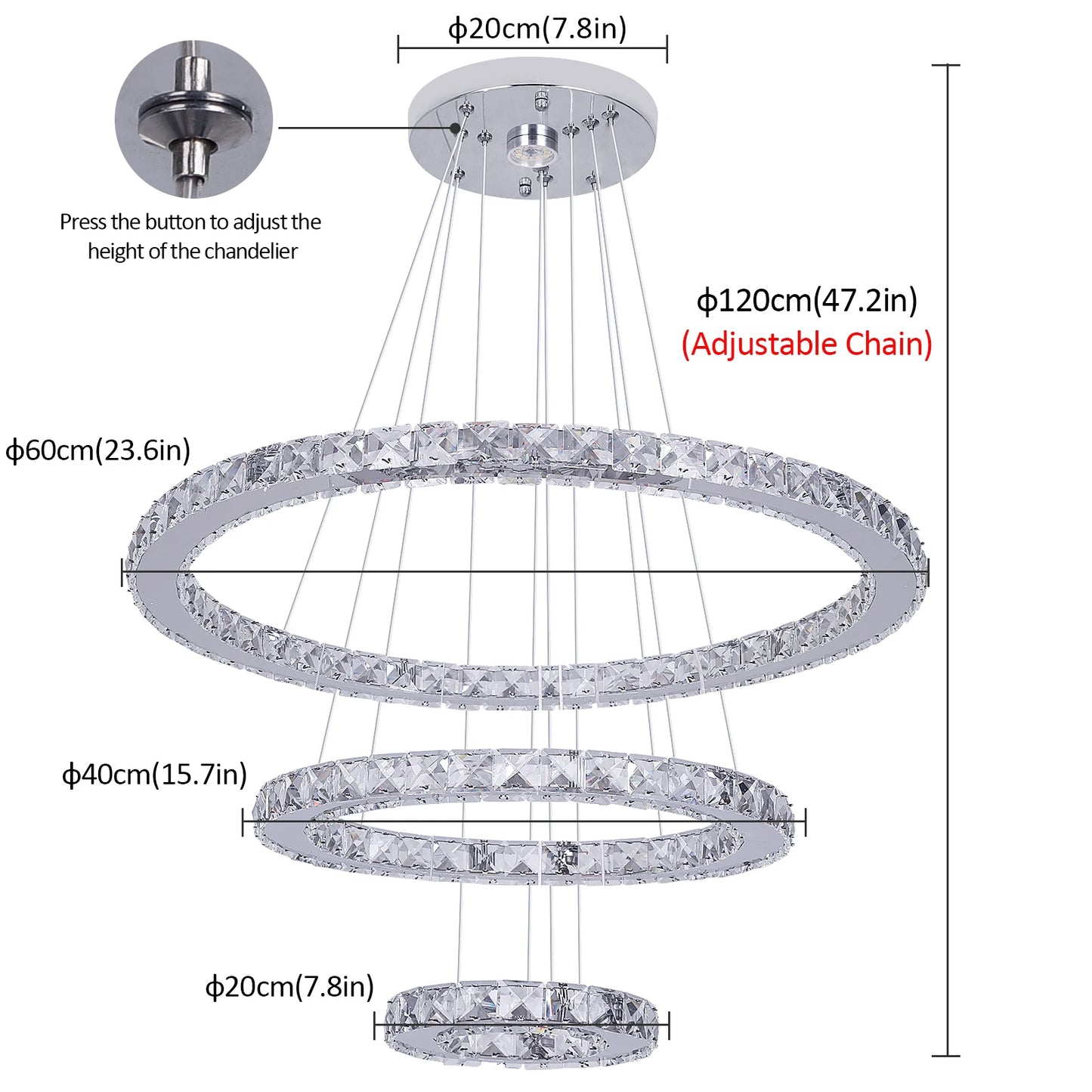 Crystal Ceiling Chandelier, 3-Rings Hanging with LED-Lighting