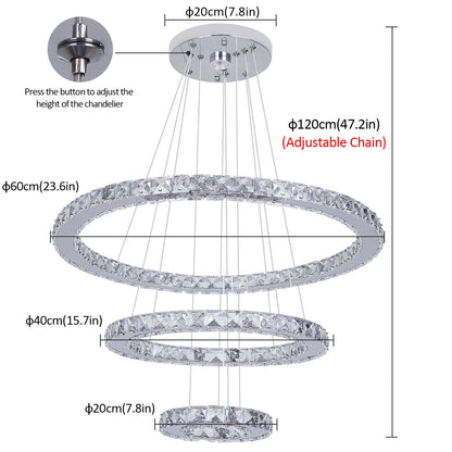 Crystal Ceiling Chandelier, 3-Rings Hanging with LED-Lighting