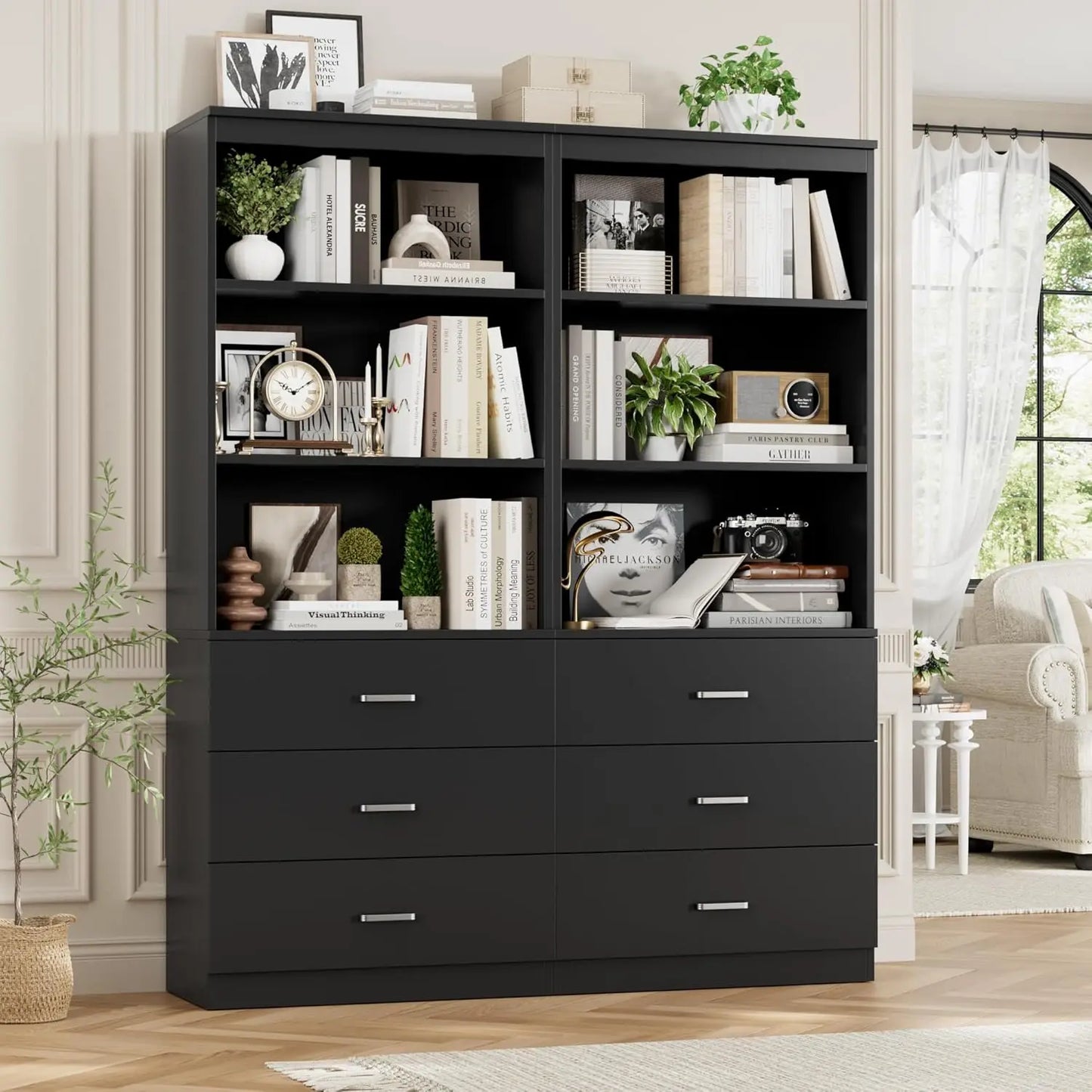 71" Tall Black Bookshelf with Drawers and 3-Tier Open Shelves