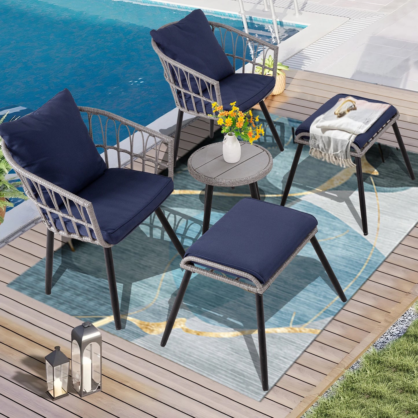 Patio Set, 5 Piece, 2 Chairs, 2 Ottoman, Coffee Table