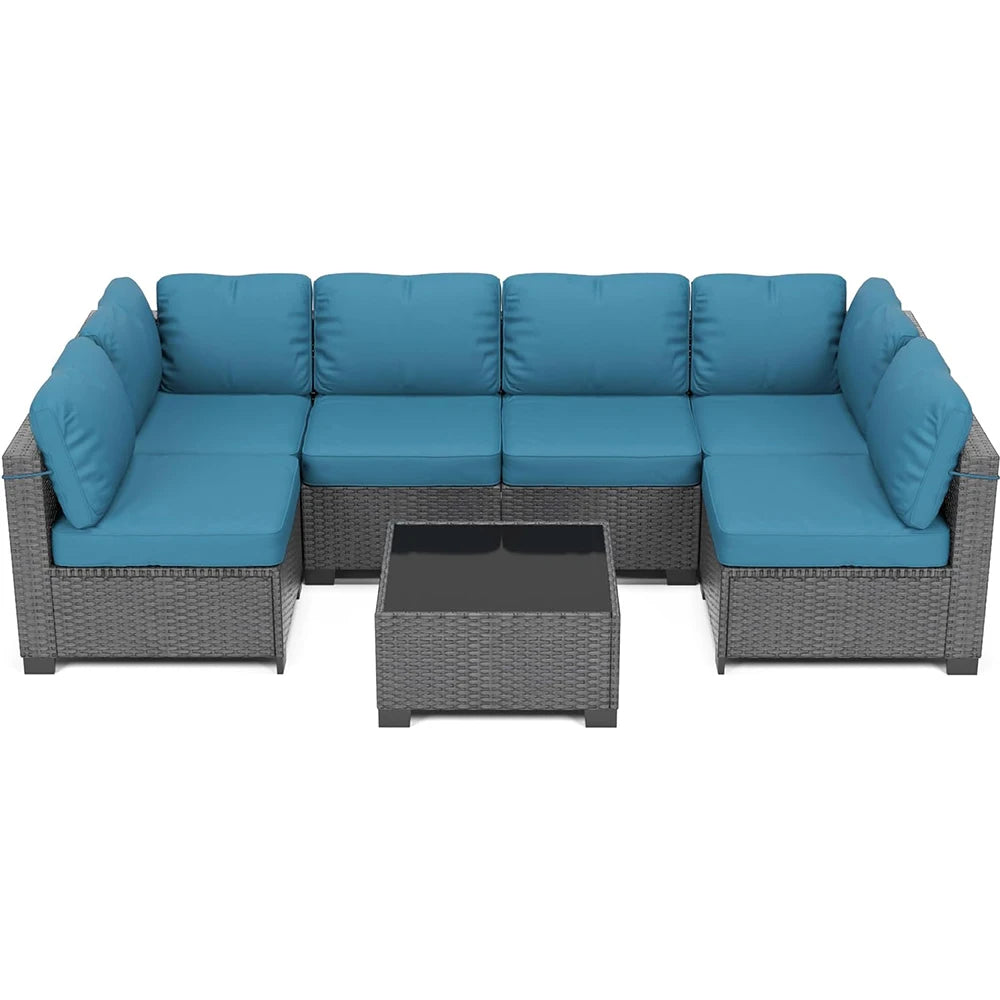 Patio Set, 7-Piece Rattan Sectional Sofa & Coffee Table