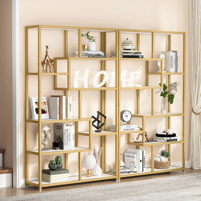 Bookcase, Gold 8-Shelf with Faux Marble