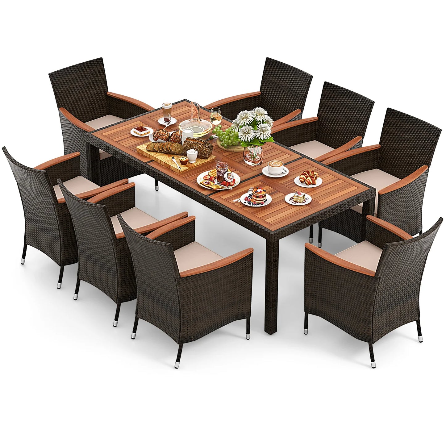 Patio Set, 9-Pieces, Wicker Dining Chairs, Acacia Wood Table