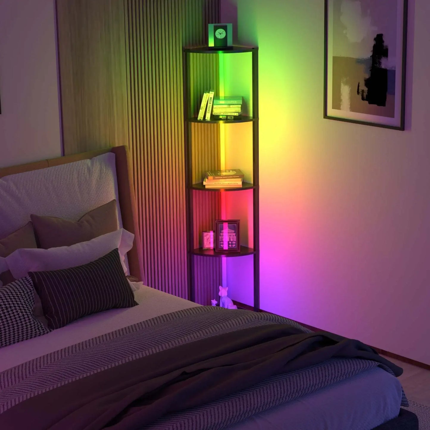 Corner Bookshelf with RGB LED Lights, 5-Tier, 64" Tall