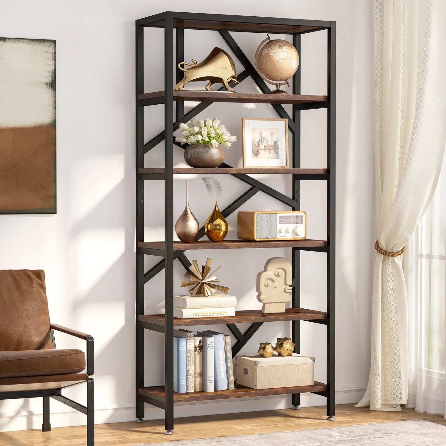 Tall Industrial Bookshelf, Made w/ Wood and Metal