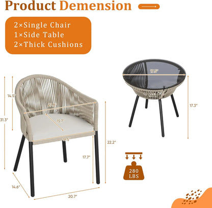 Patio Set,  3-Pieces, 2 Rope-Woven Wide Chairs and Table