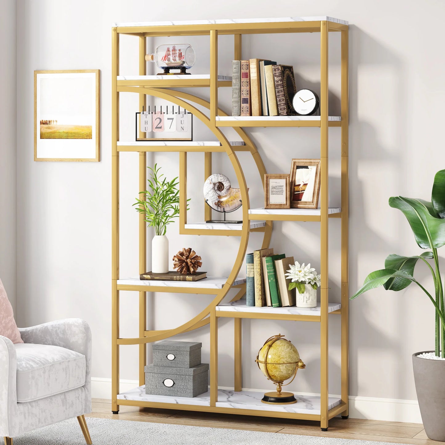Bookcase, Gold 8-Shelf with Faux Marble
