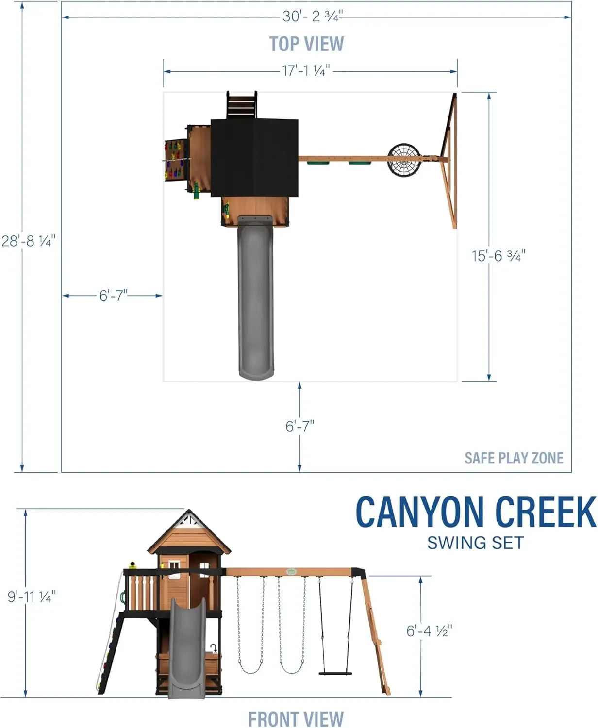 Swing Set, wood,  Wave Slide, Belt Swings, Web Swing, Rock Wall,
