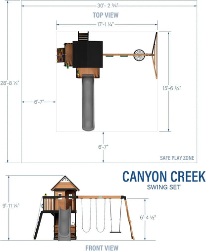 Swing Set, wood,  Wave Slide, Belt Swings, Web Swing, Rock Wall,