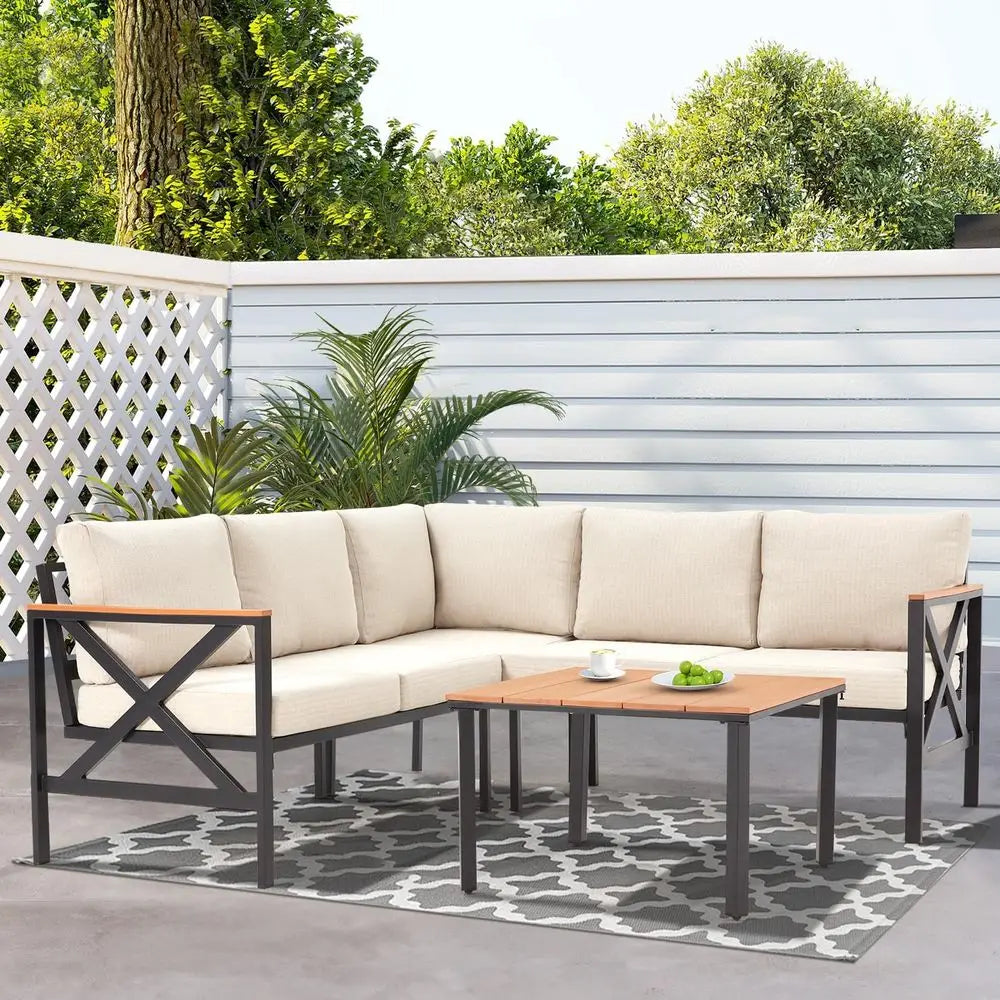 Patio Furniture Set, Metal,  L-Shape Sectional, with fauxwood Coffee Table