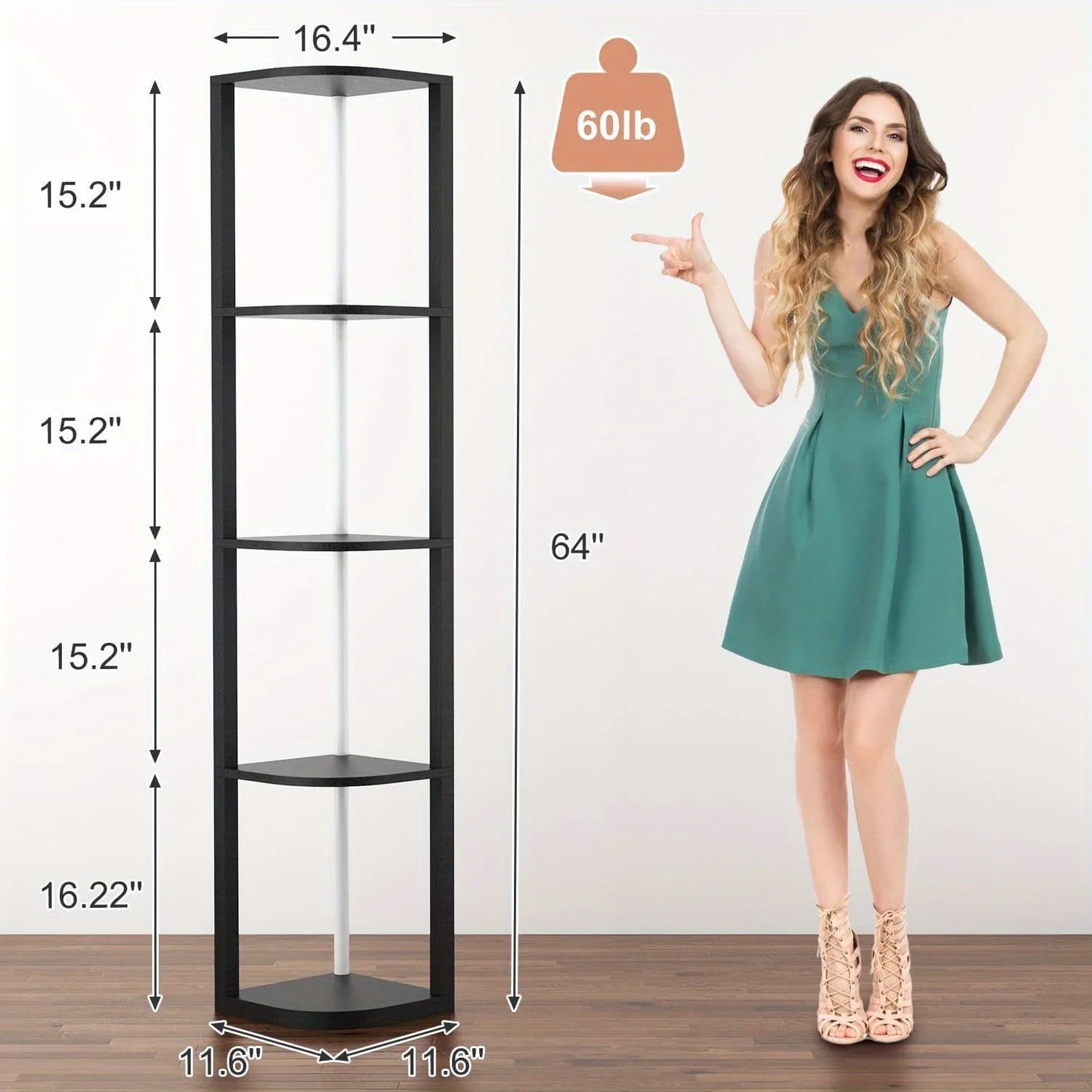 Corner Bookshelf with RGB LED Lights, 5-Tier, 64" Tall