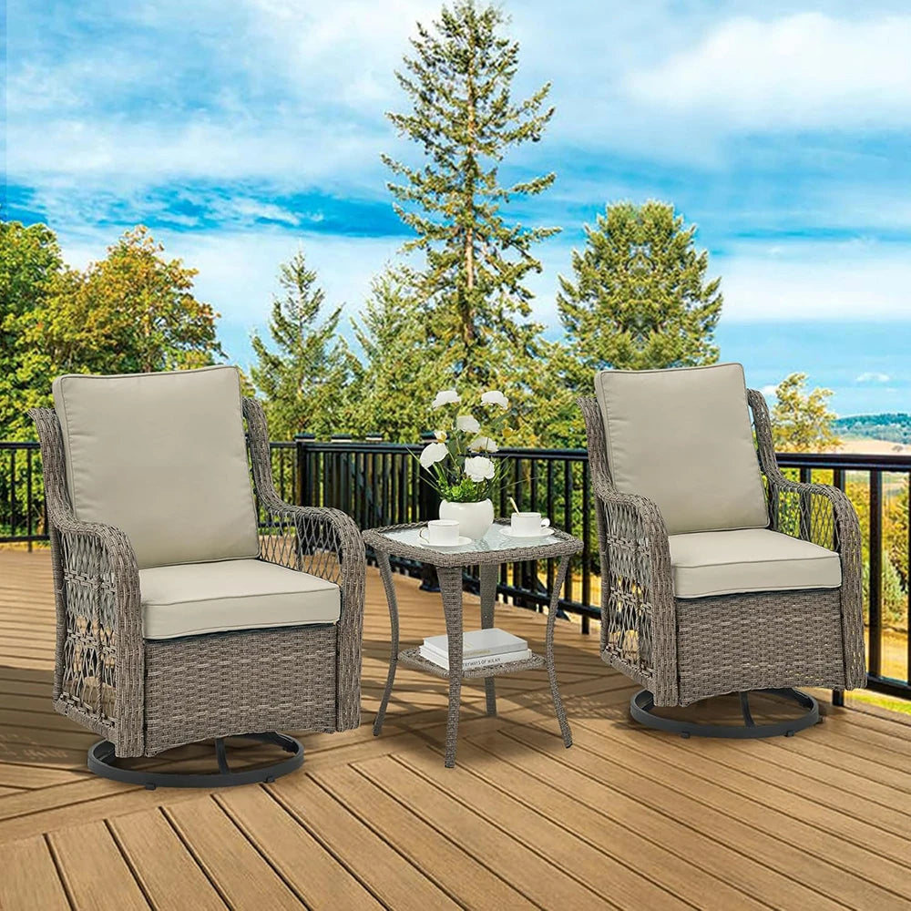 Patio Set - Wicker Swivel Rocking Chairs & Rattan Table