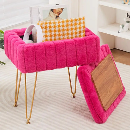 Ottoman, Faux Mink Fur, Storage, Rose-Red
