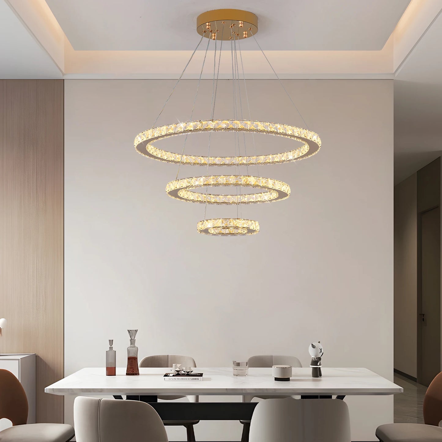 Crystal Ceiling Chandelier, 3-Rings Hanging with LED-Lighting