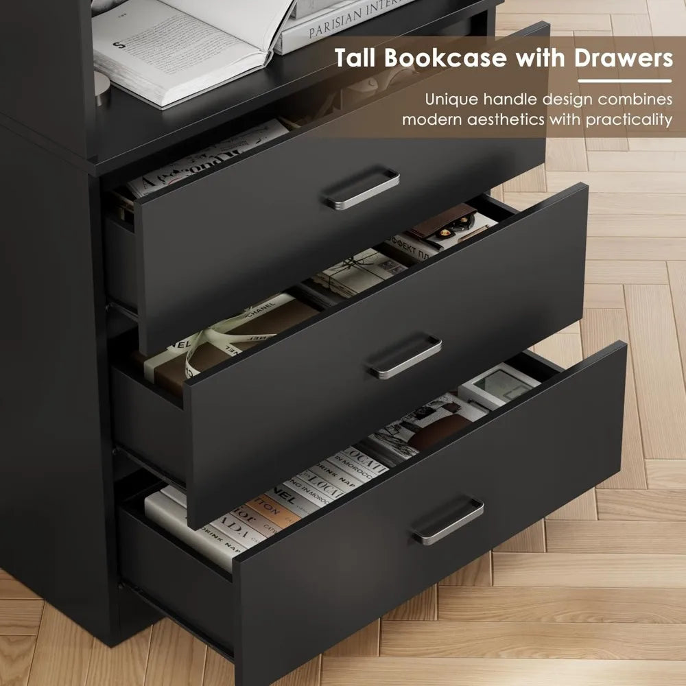 71" Tall Black Bookshelf with Drawers and 3-Tier Open Shelves
