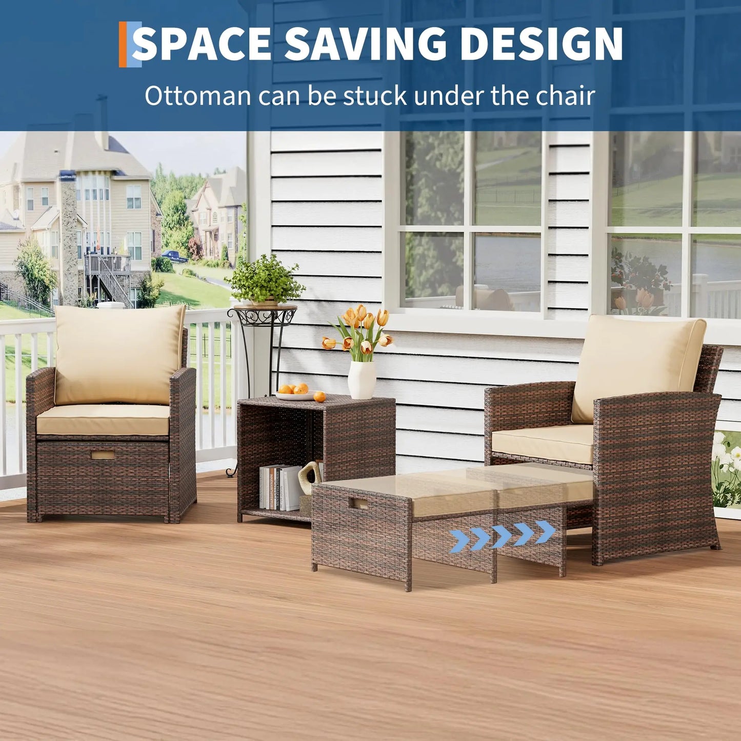 Patio Set, 2 Rattan Chairs With 2 Ottomans & Table