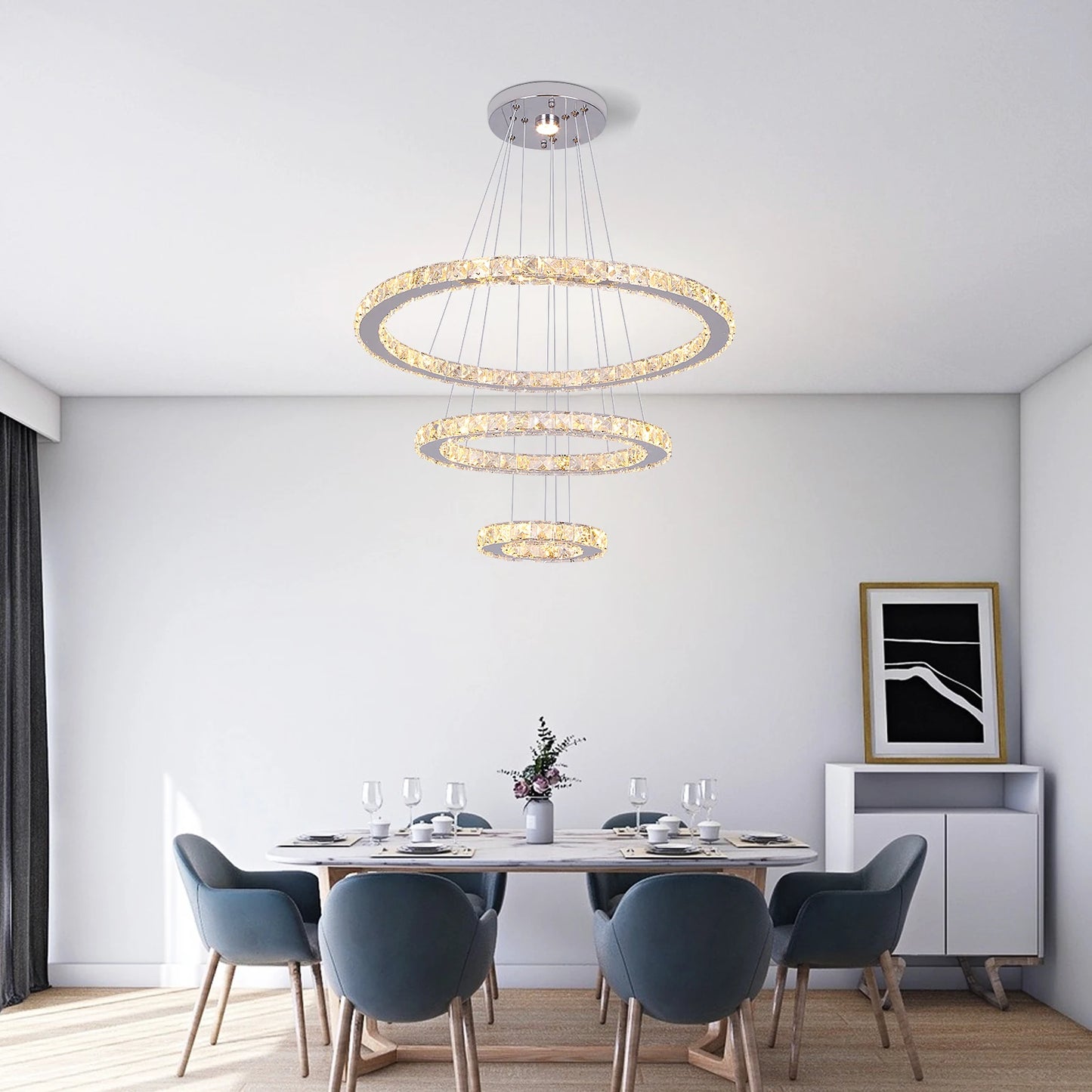 Crystal Ceiling Chandelier, 3-Rings Hanging with LED-Lighting