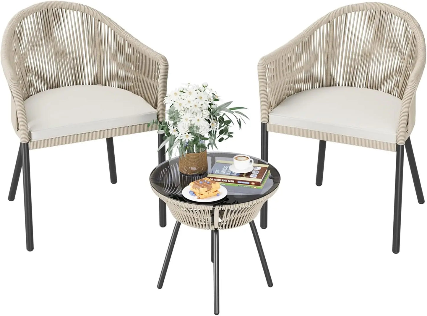 Patio Set,  3-Pieces, 2 Rope-Woven Wide Chairs and Table