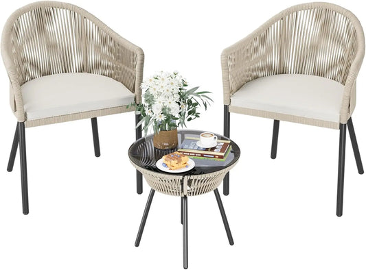 Patio Set,  3-Pieces, 2 Rope-Woven Wide Chairs and Table
