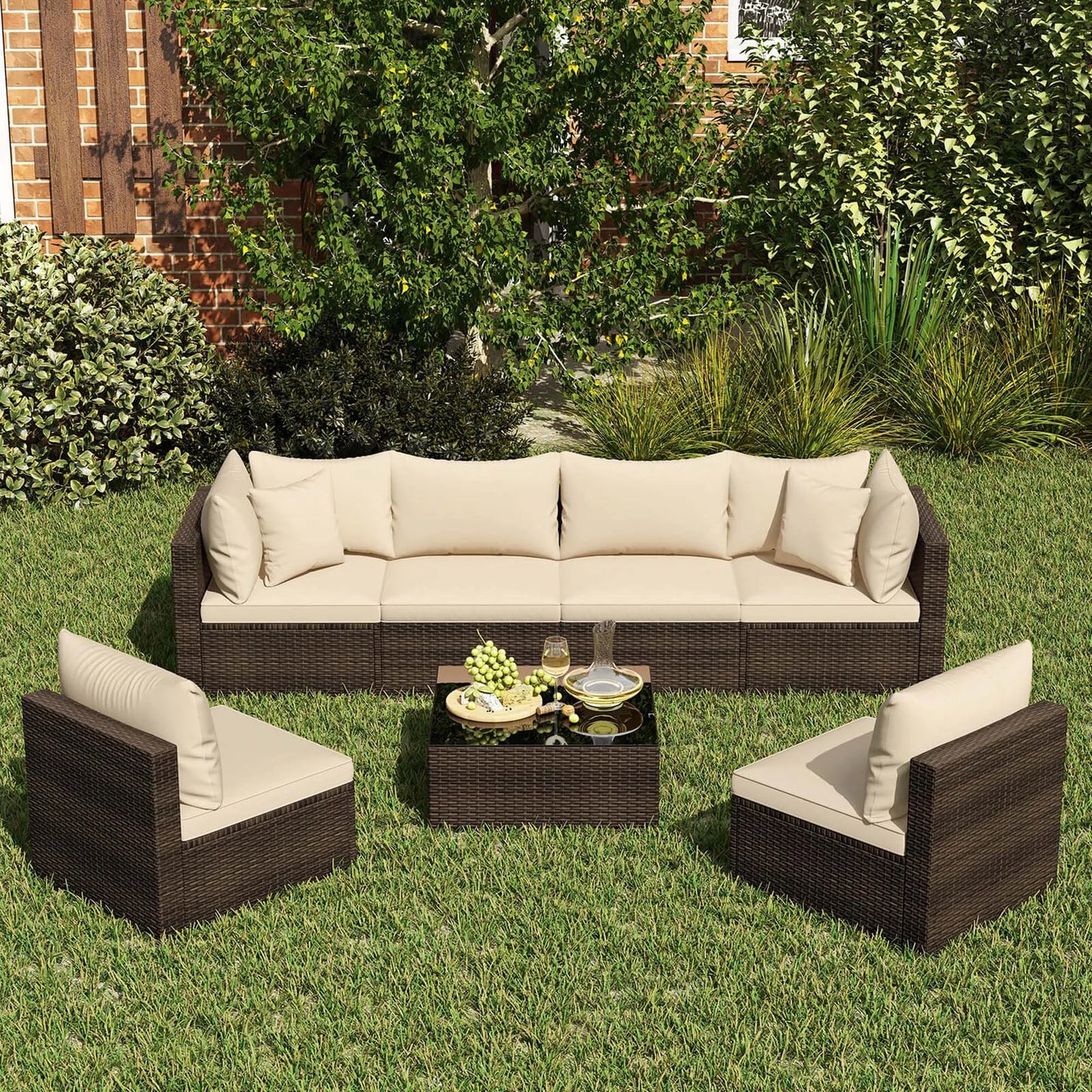 Patio Rattan Furniture Set, Sectional Sofa, Cushioned, Garden Brown