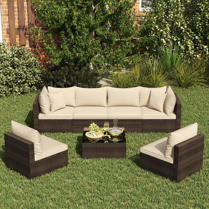 Patio Rattan Furniture Set, Sectional Sofa, Cushioned, Garden Brown